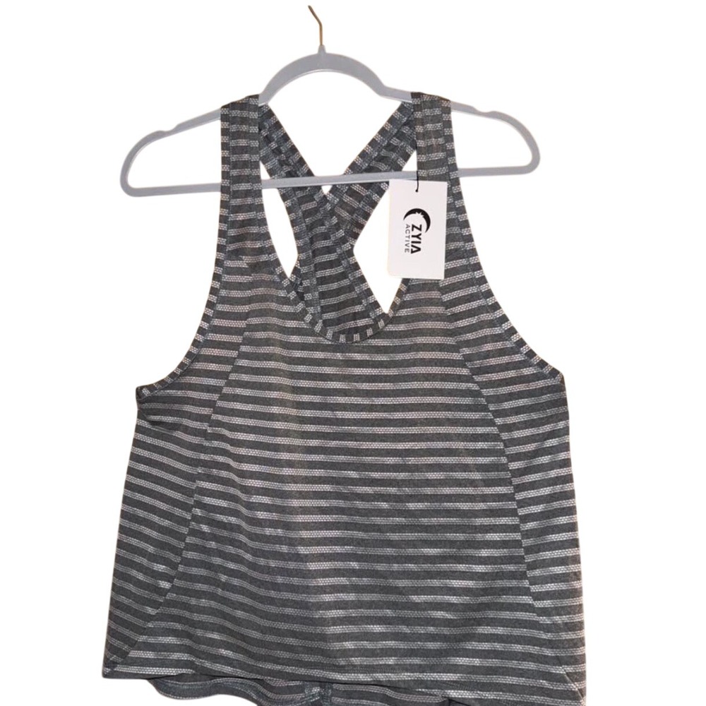 Zyia Active Nimbus Split Back Tank Top XXL Gray Striped Mesh Workout NWT